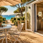 location mobil home camping cote d azur : terrasse vue mer et pinède