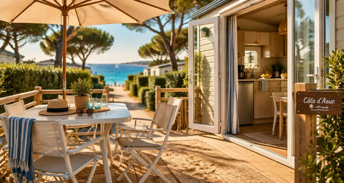 location mobil home camping cote d azur : terrasse vue mer et pinède
