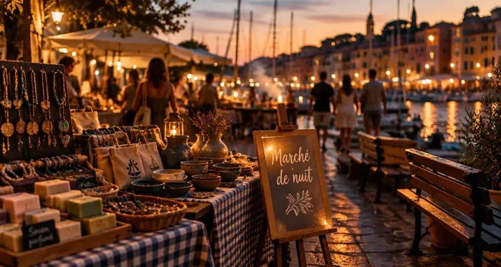 Marché de nuit cote d azur près d’un quai, ruelles et étals artisanaux