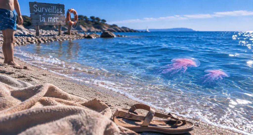 Meduses cote d azur sur la plage, serviette et danger mer