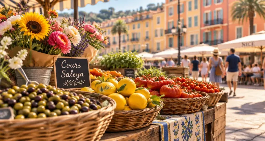 Meilleur marché Côte d’Azur : Cours Saleya à Nice, étals de fleurs et produits frais