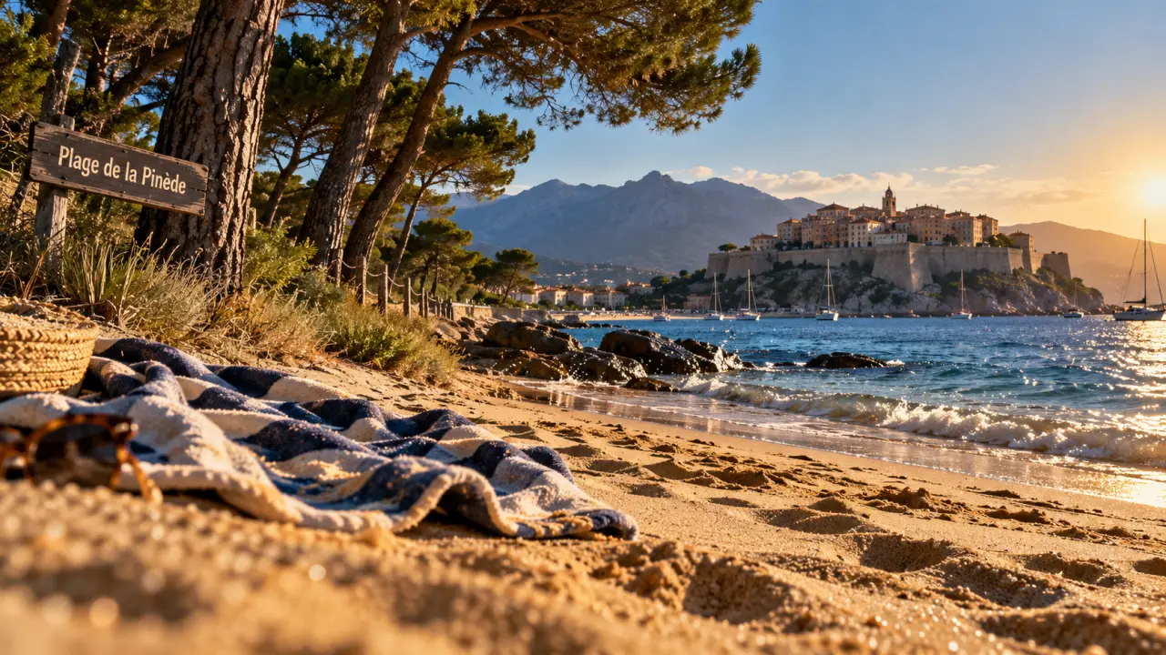 Plage de la pinede à Calvi : sable fin, pins et citadelle face à la mer