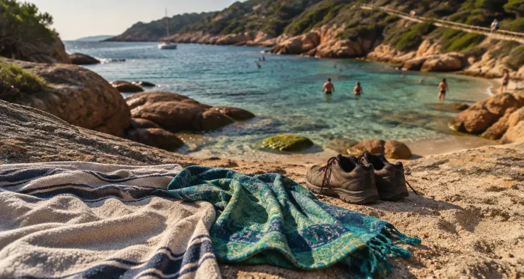 plage naturiste cote d azur : serviettes sur sable fin et crique azuréenne