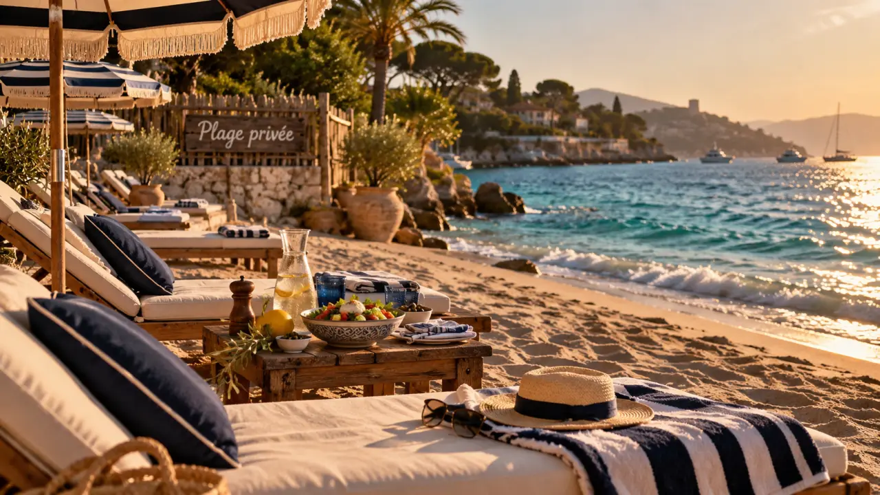 Plage privée cote d azur, transats chic sur sable et mer Méditerranée