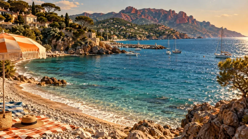 Station balnéaire des Alpes Maritimes : plage de galets et crique, Côte d’Azur