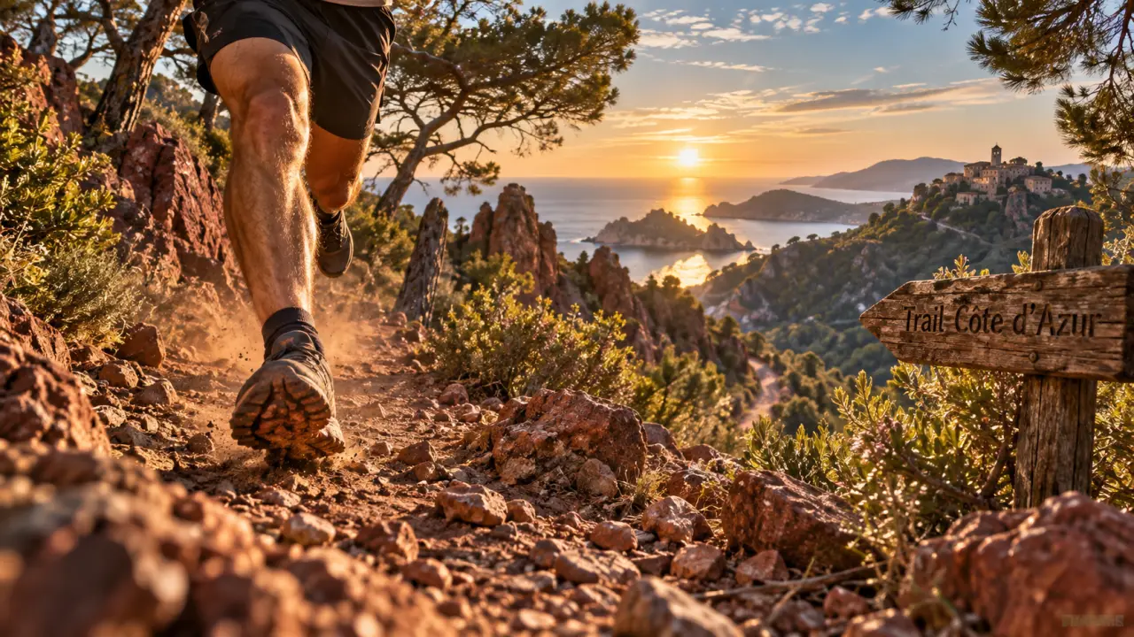 trail cote d azur : coureur sur sentier caillouteux de l’Estérel, roches rouges