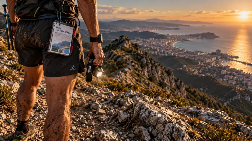 Ultra trail nice cote d azur : traileur sur sentier avec mer en arrière-plan