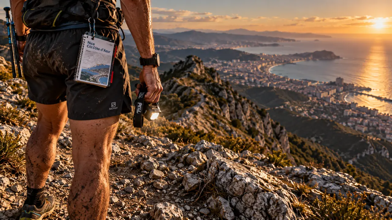 Ultra trail nice cote d azur : traileur sur sentier avec mer en arrière-plan