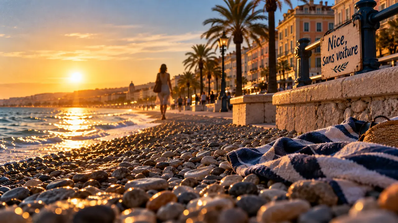 Ville cote d azur bord de mer, Promenade des Anglais à Nice, au coucher du soleil